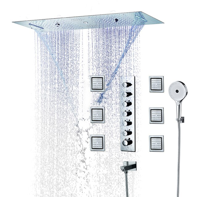 Turin Thermostatic Remote Controlled Recessed Ceiling Mount Large LED Waterfall Rainfall Musical Shower System with Jetted Body Sprays and Round Hand Shower